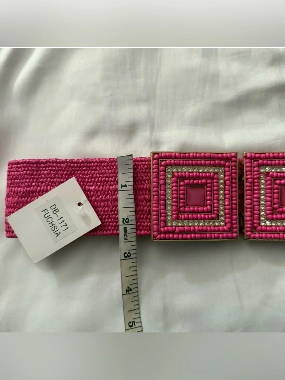 Fuchsia paper waistband stretchy belt with square buckle and rhinestone details